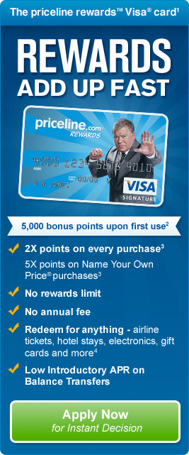 give your points a boost 2x points on eligible purchases priceline rewards visa car no annual fee. 1 point per $1 spent everywhere else. no points limit. up to 2,500 bonus points when you transfer balances now. Plus get ulimited reward choices including free travel merchandise gift cards and more. Request Your Card.